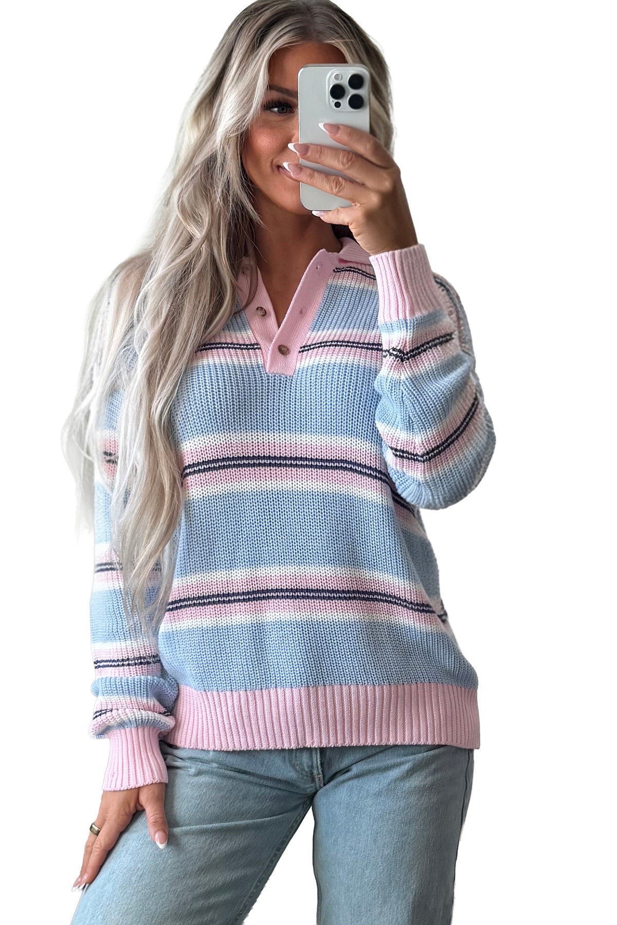 Sky Blue Stripe Striped Button Collar Long Sleeve Shift Fit Winter Knitwear Sweater-TOPS / DRESSES-[Adult]-[Female]-2022 Online Blue Zone Planet