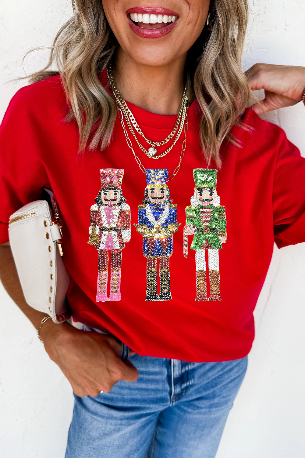 Red Sequined Christmas Nutcracker-Man Graphic Cuffed Short Sleeve T Shirt-Graphic/Graphic Tees-[Adult]-[Female]-Red-2-S-2022 Online Blue Zone Planet