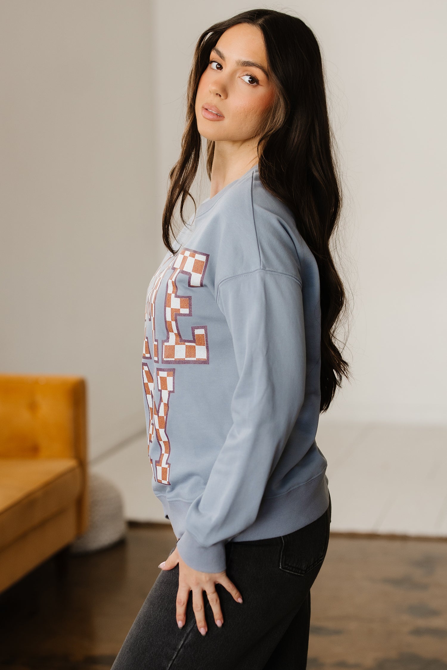 Sleet Game Day Checkered Letter Graphic Oversize Sweatshirt-Tops/Sweatshirts & Hoodies-[Adult]-[Female]-2022 Online Blue Zone Planet