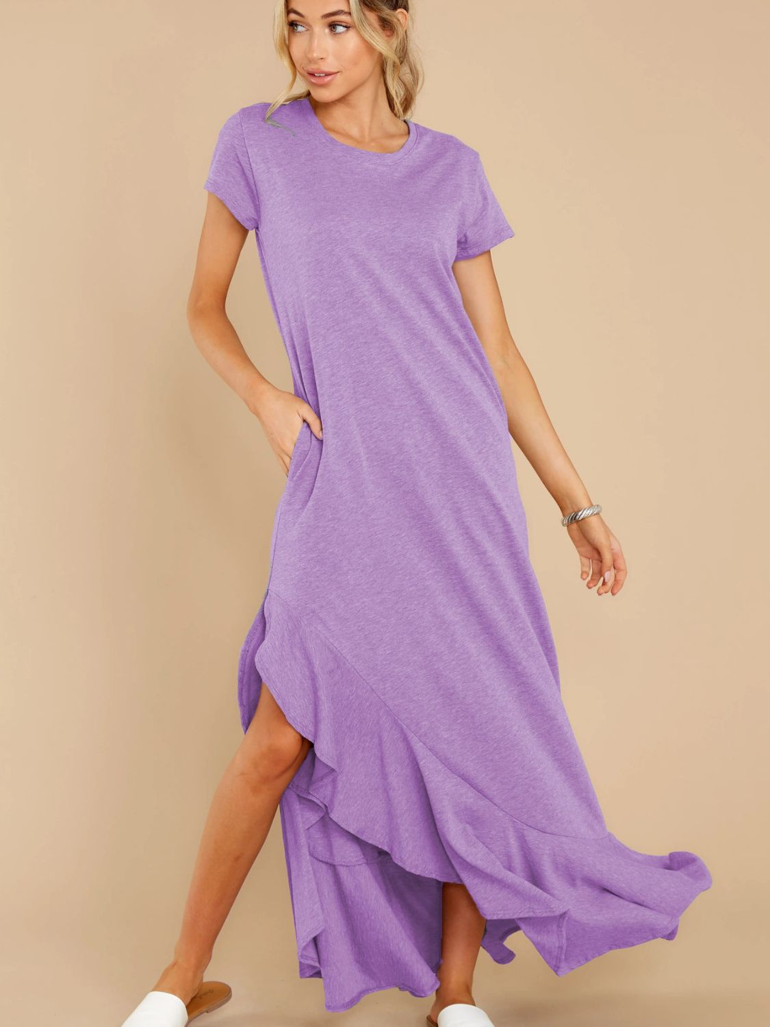 Blue Zone Planet | Slit Round Neck Short Sleeve Maxi Dress-TOPS / DRESSES-[Adult]-[Female]-Lavender-S-2022 Online Blue Zone Planet