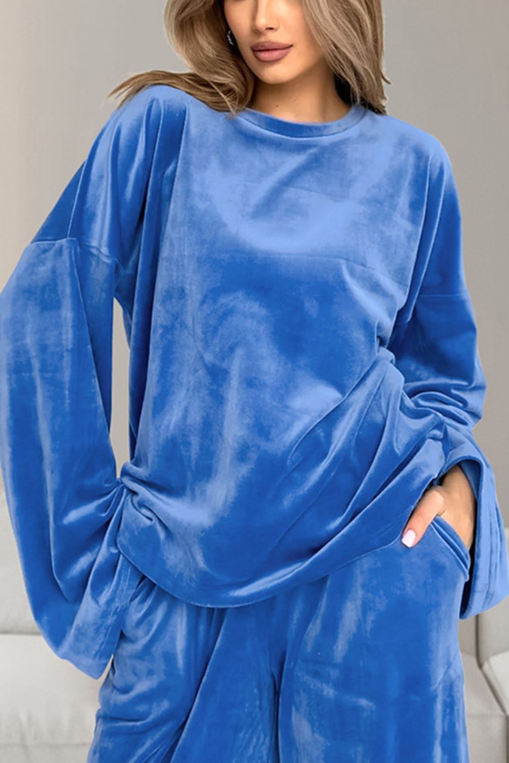 Buttery-Soft Round Neck Long Sleeve Top and Drawstring Pants Set-TOPS / DRESSES-[Adult]-[Female]-Blue-S-2022 Online Blue Zone Planet