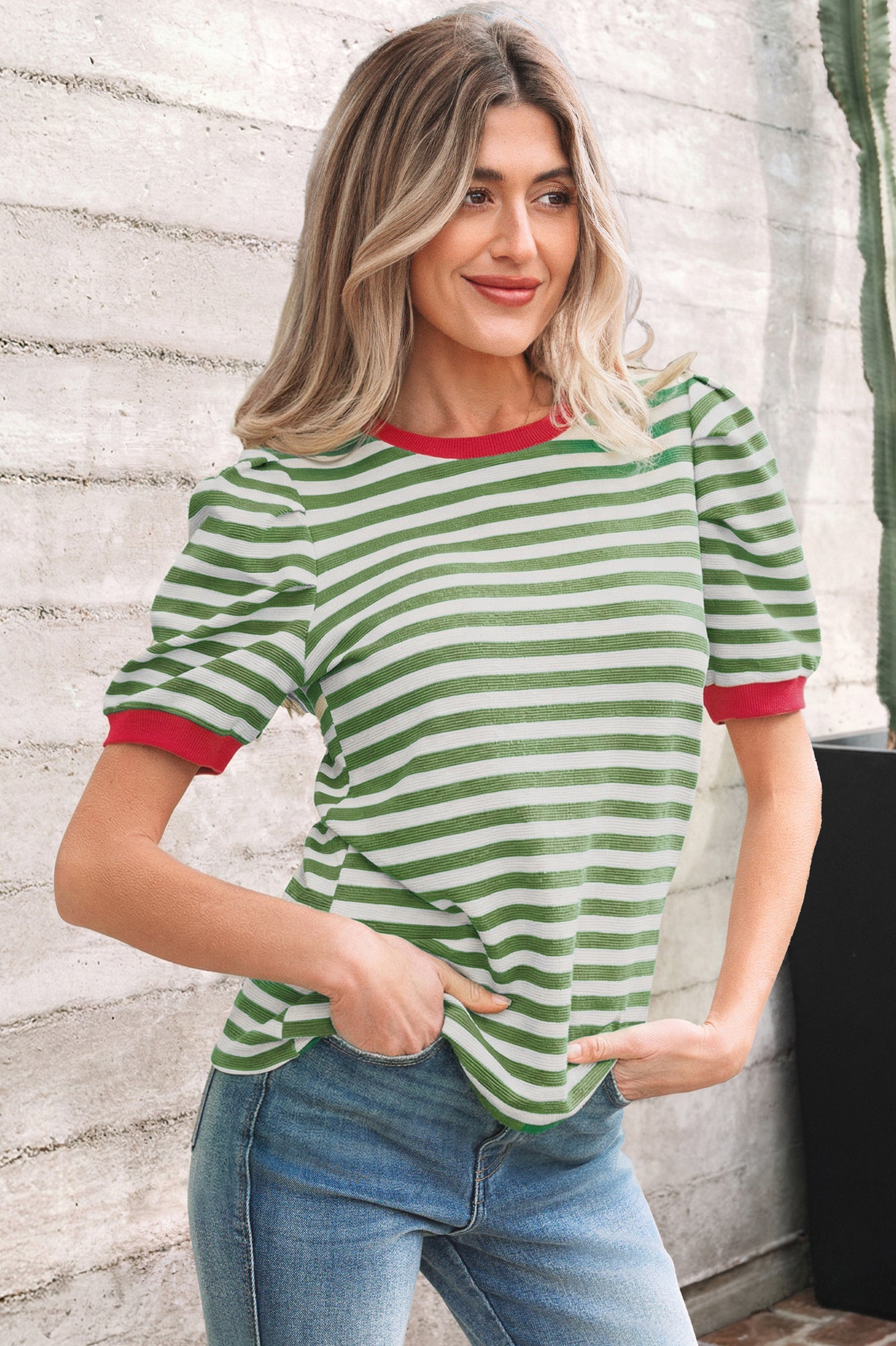 Green Stripe Short Puff Sleeve Contrast Trim Round Neck Tee-Tops/Tops & Tees-[Adult]-[Female]-2022 Online Blue Zone Planet