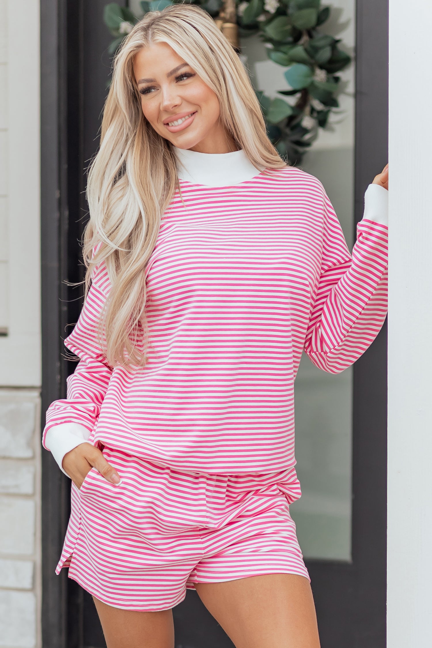 Pink Stripe Oversize Mock Neck Sweatshirt and Shorts Set-Two Piece Sets/Short Sets-[Adult]-[Female]-2022 Online Blue Zone Planet