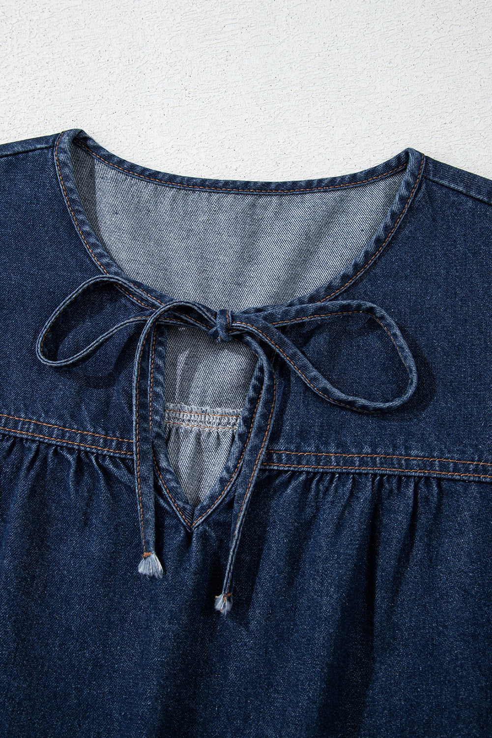 Sail Blue Puff Sleeve Lace-up Neckline Splicing Denim Blouse-Blouses-[Adult]-[Female]-2022 Online Blue Zone Planet