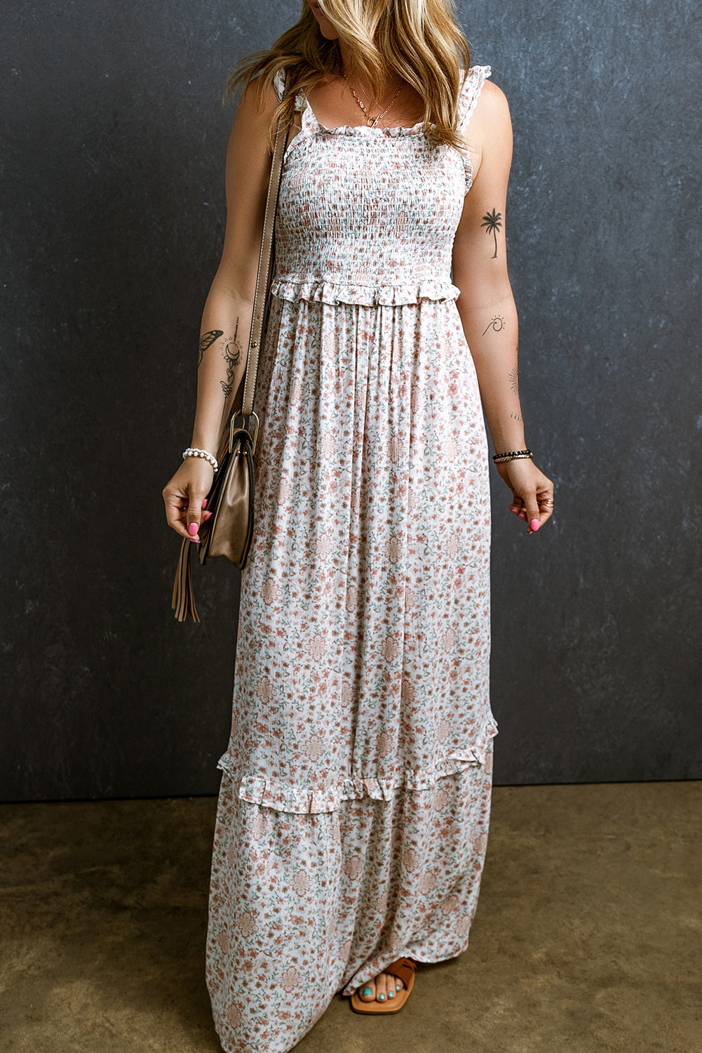 Blue Zone Planet |  White Lace Frilly Straps Shirred Floral Maxi Dress Blue Zone Planet