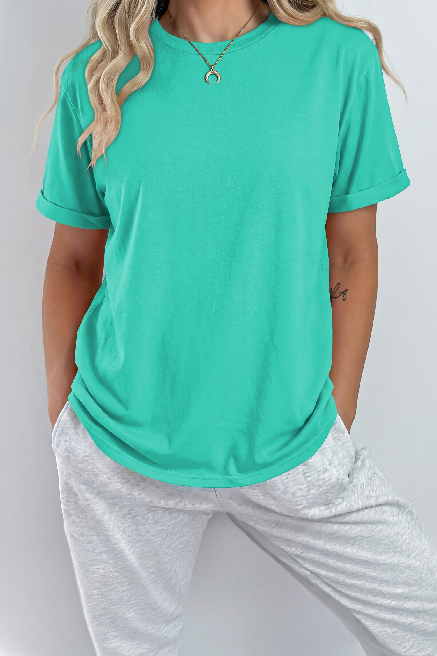 Mint Green Casual Plain Crew Neck Tee-Tops/Tops & Tees-[Adult]-[Female]-2022 Online Blue Zone Planet