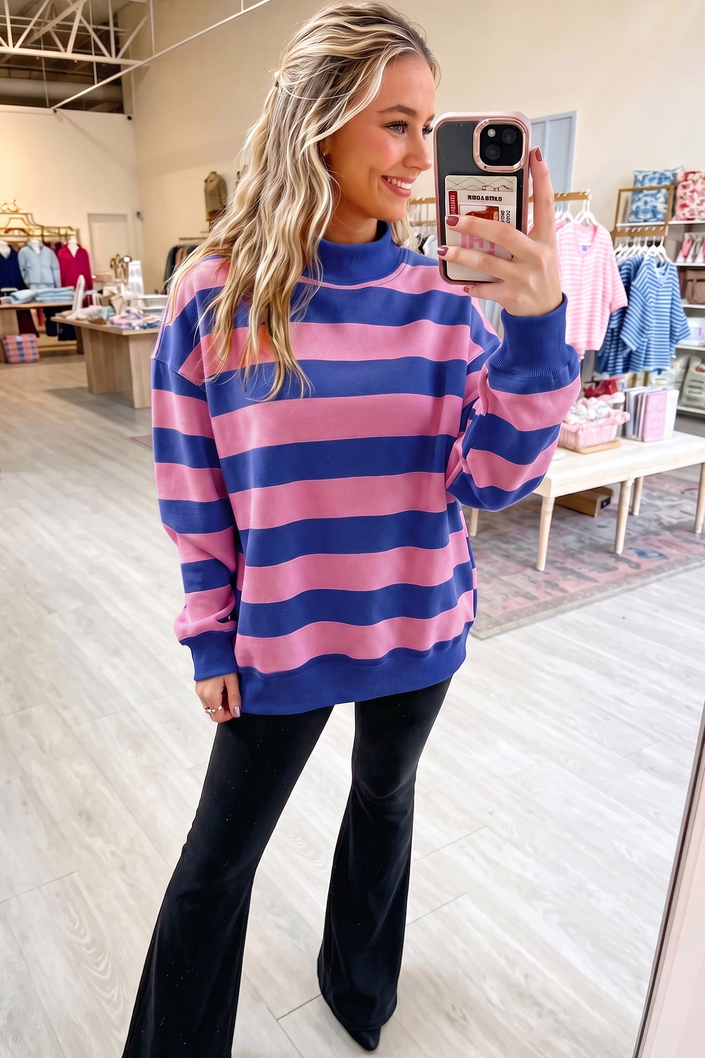 Rose Stripe Colorblock Mock Neck Relaxed Sweatshirt-Tops/Sweatshirts & Hoodies-[Adult]-[Female]-2022 Online Blue Zone Planet