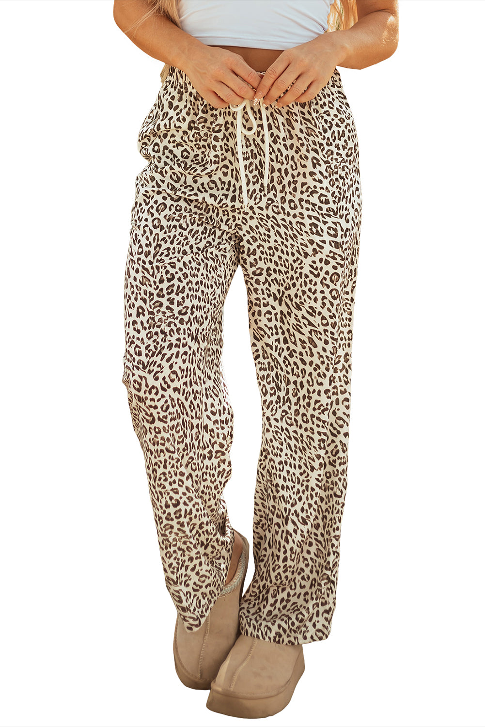 Brown Leopard Drawstring Elastic Waistband Loose Pants-Bottoms/Pants & Culotte-[Adult]-[Female]-2022 Online Blue Zone Planet