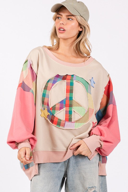 SAGE + FIG Full Size Contrast Peace Patch Dropped Shoulder Sweatshirt-TOPS / DRESSES-[Adult]-[Female]-2022 Online Blue Zone Planet