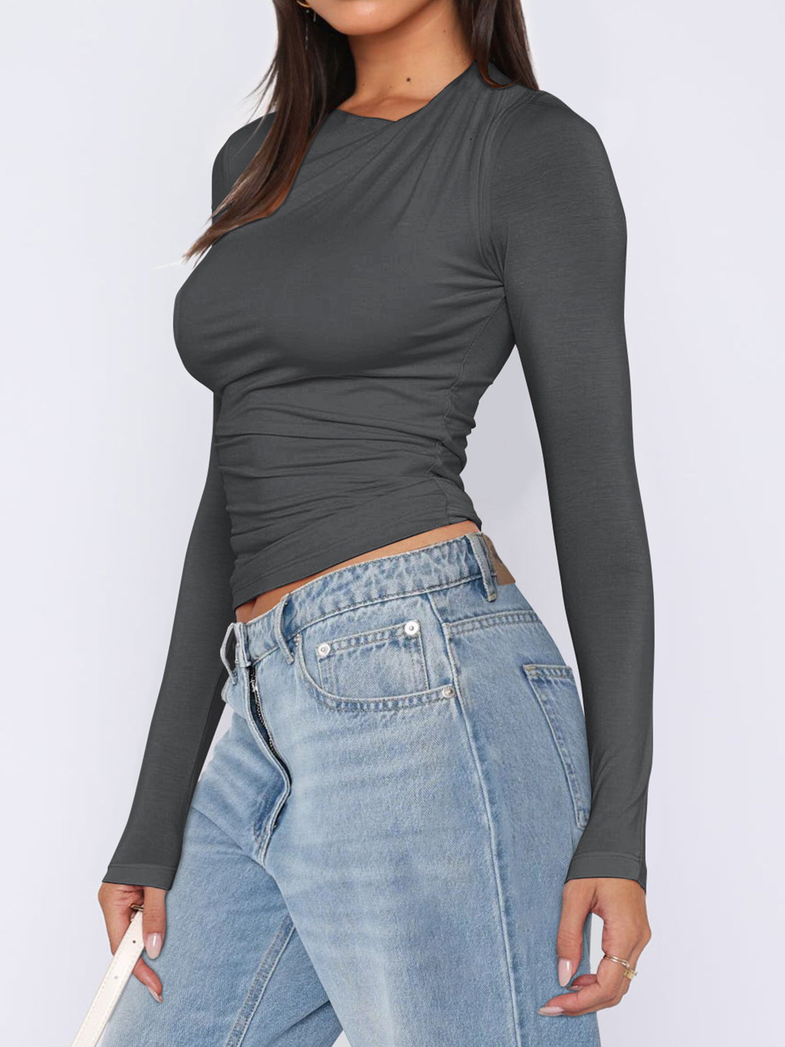 Ruched Asymmetrical Neck Long Sleeve T-Shirt-TOPS / DRESSES-[Adult]-[Female]-Dark Gray-S-2022 Online Blue Zone Planet