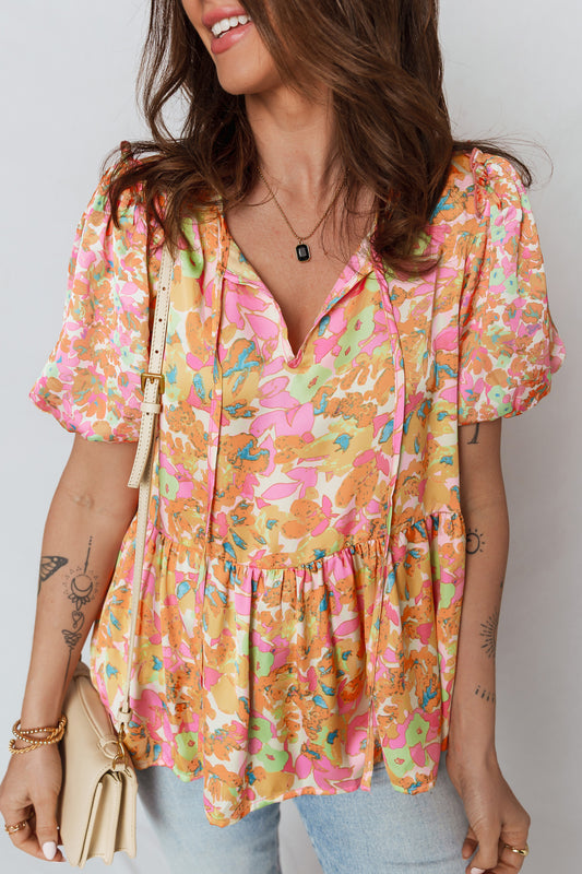 Orange Split V Neck Short Sleeve Flower Blouse-Tops/Blouses & Shirts-[Adult]-[Female]-Orange-S-2022 Online Blue Zone Planet