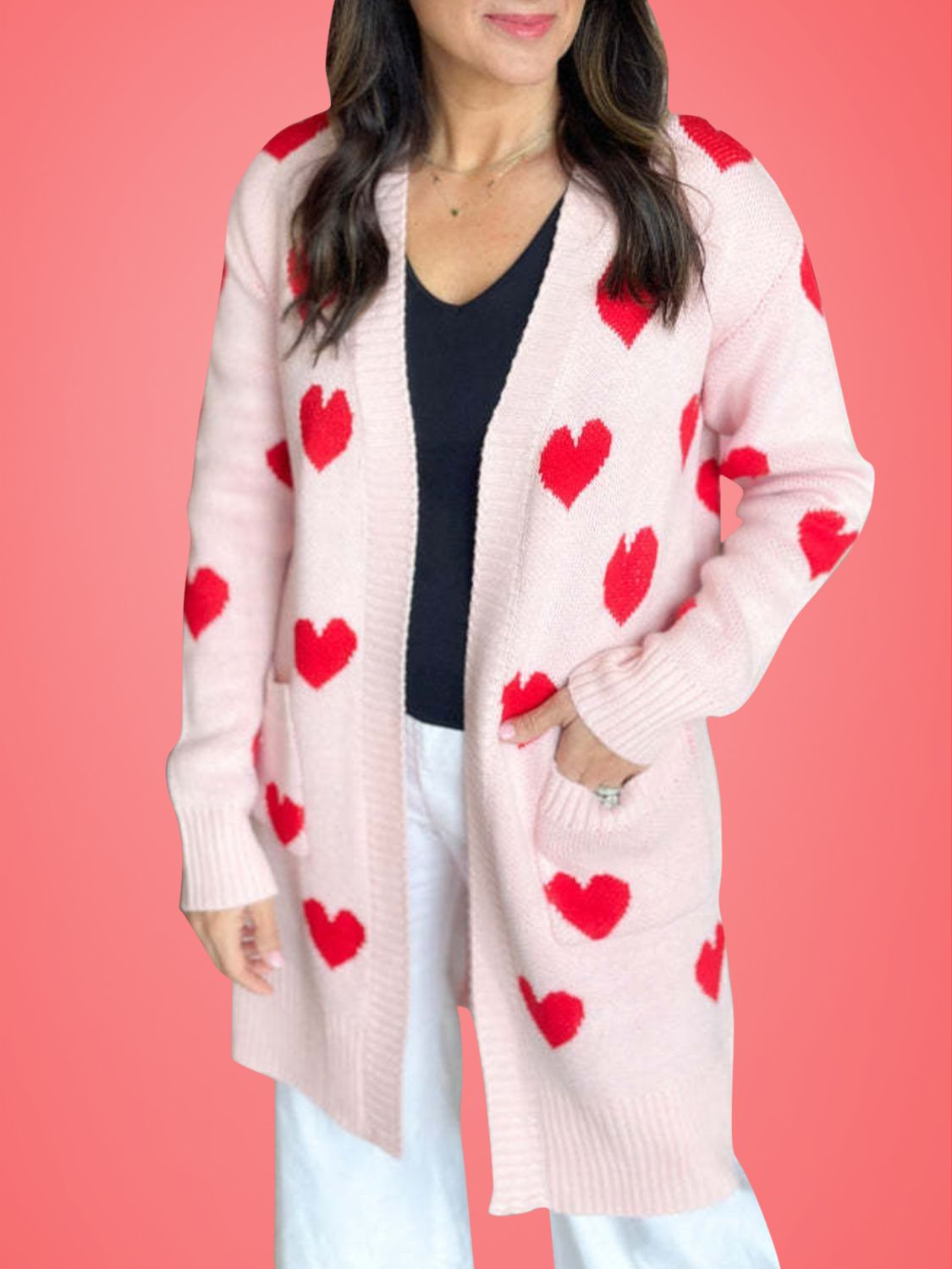 Heart Open Front Long Sleeve Cardigan-TOPS / DRESSES-[Adult]-[Female]-2022 Online Blue Zone Planet