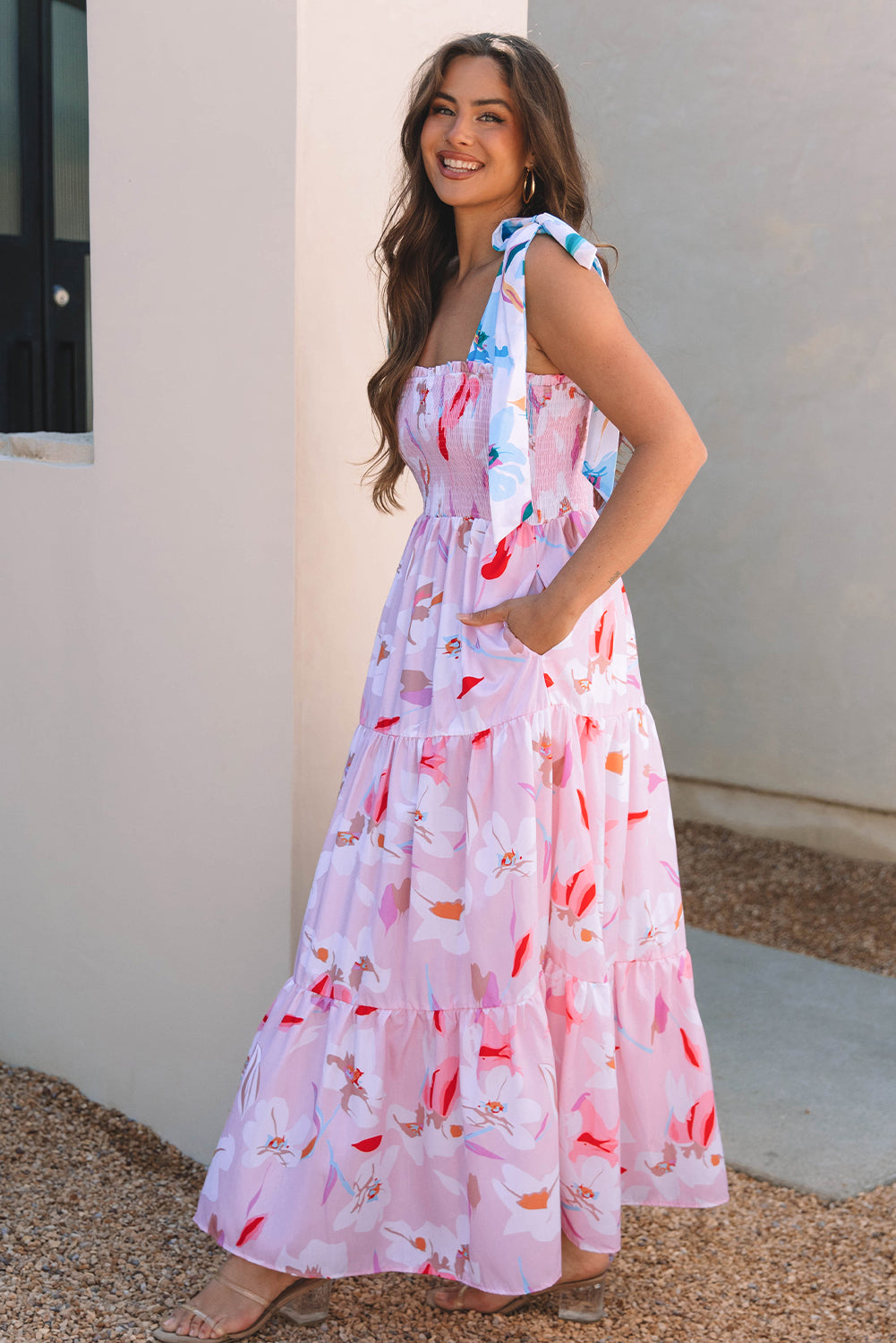 Pink Floral Print Knotted Shoulder Smocked Maxi Dress-TOPS / DRESSES-[Adult]-[Female]-2022 Online Blue Zone Planet
