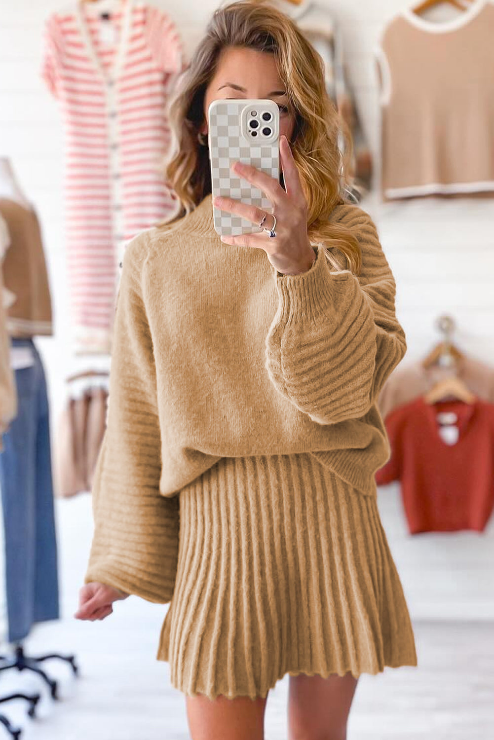 Smoke Gray High Neck Puff Sleeve Sweater Pleated Mini Skirt 2pcs Knitted Outfit-TOPS / DRESSES-[Adult]-[Female]-2022 Online Blue Zone Planet