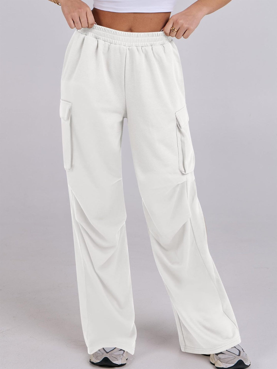 Blue Zone Planet | Elastic Waist Wide Leg Pants with Pockets-BOTTOMS SIZES SMALL MEDIUM LARGE-[Adult]-[Female]-White-S-2022 Online Blue Zone Planet