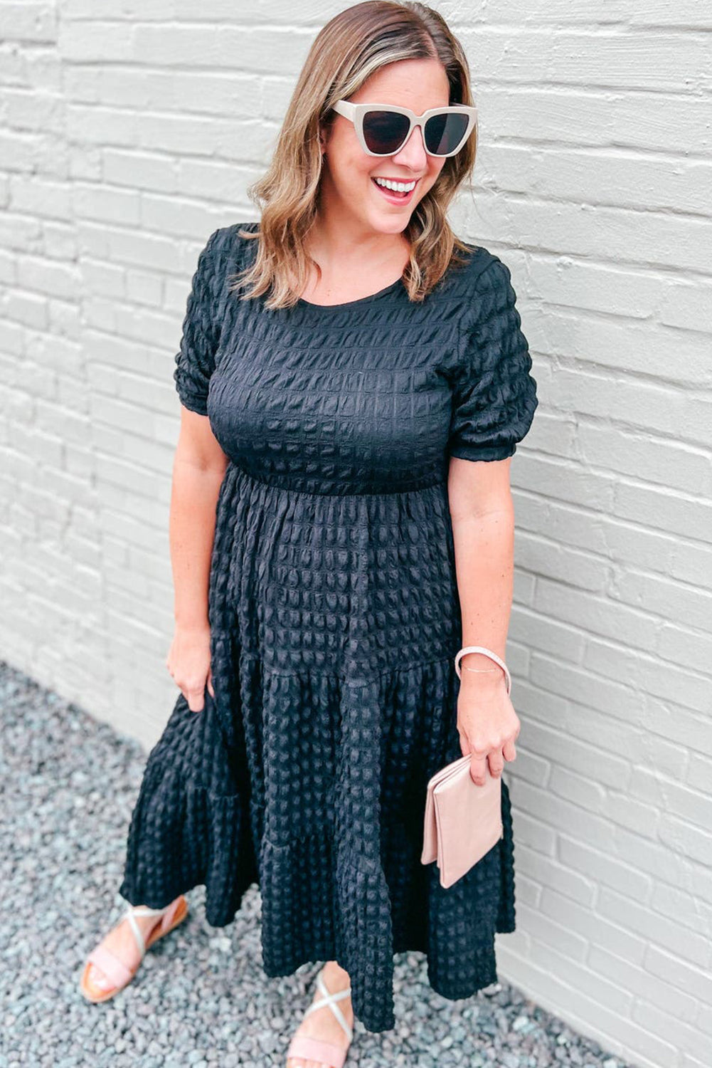 Black Plus Size Textured Tiered Short Sleeve Maxi Dress-TOPS / DRESSES-[Adult]-[Female]-2022 Online Blue Zone Planet