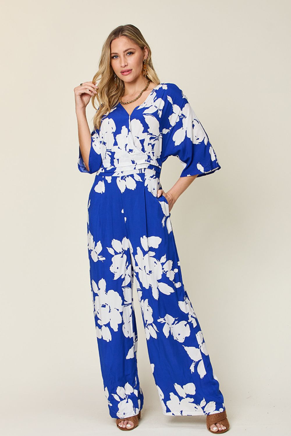 Blue Zone Planet | Double Take Full Size Printed Tie Back Wide Leg Jumpsuit-TOPS / DRESSES-[Adult]-[Female]-Royal Blue-S-2022 Online Blue Zone Planet