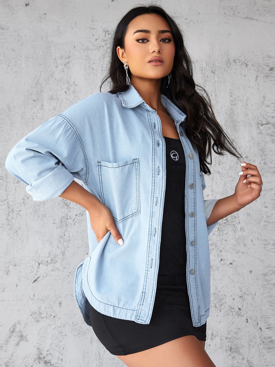 Collared Neck Button Up Long Sleeve Denim Shirt-TOPS / DRESSES-[Adult]-[Female]-2022 Online Blue Zone Planet