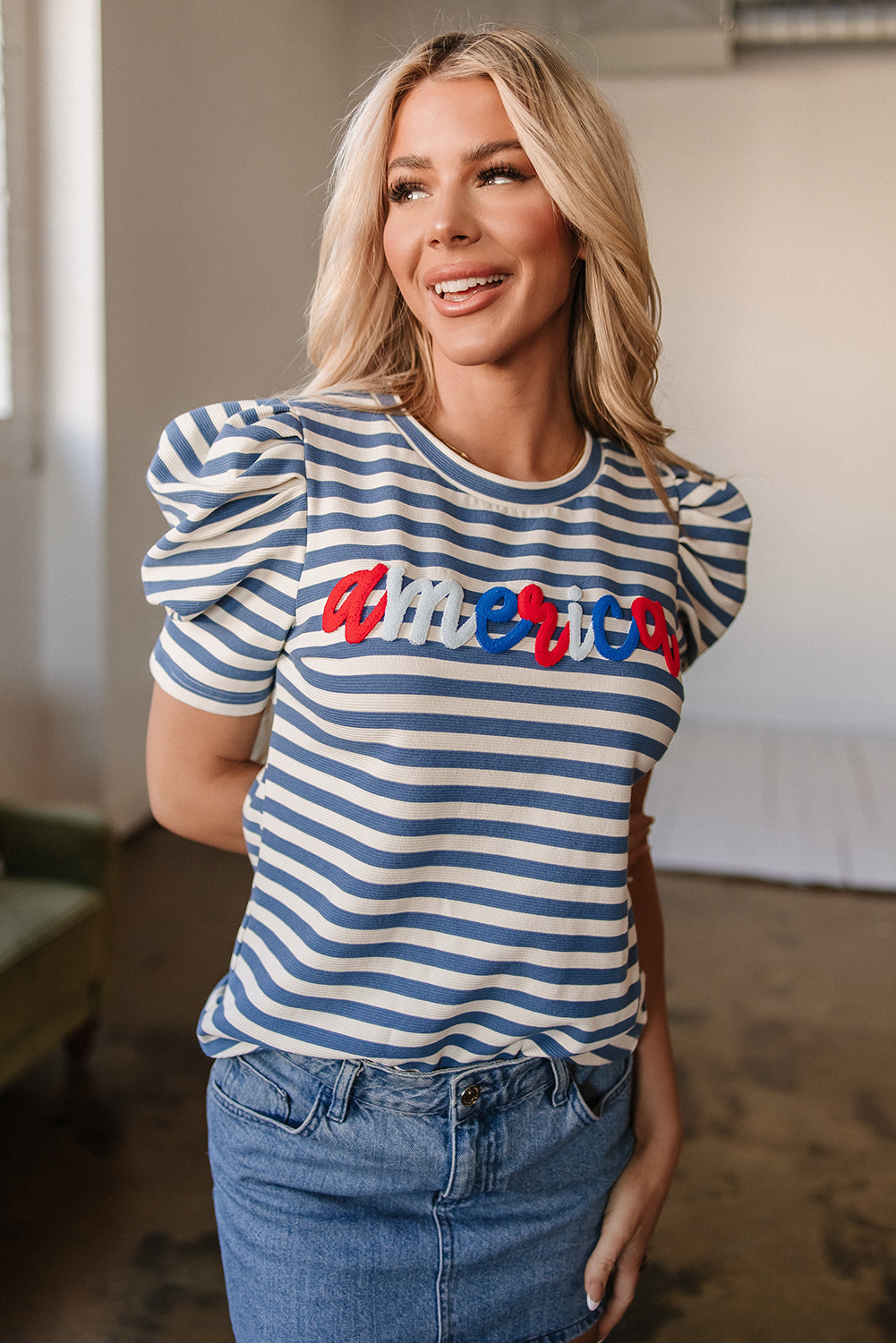 Blue Stripe America Cursive Graphic Puff Sleeve T-shirt-Tops/Tops & Tees-[Adult]-[Female]-2022 Online Blue Zone Planet