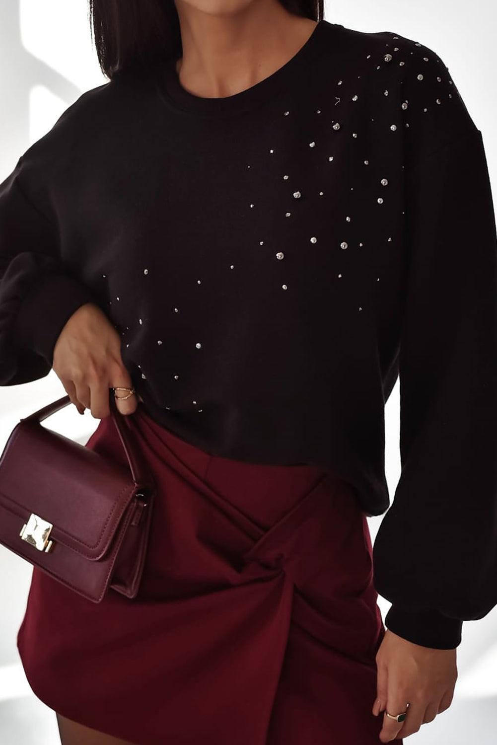 Black Rhinestone Embellished Drop Shoulder Ribbed Cuffs Wholesale Sweatshirt-Tops/Sweatshirts & Hoodies-[Adult]-[Female]-Black-S-2022 Online Blue Zone Planet