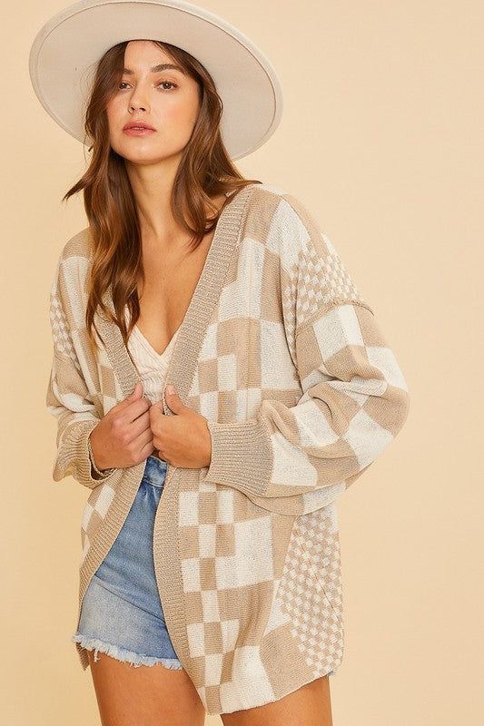 Annie Wear Checkered Open Front Drop Shoulder Cardigan-TOPS / DRESSES-[Adult]-[Female]-Tan-S-2022 Online Blue Zone Planet