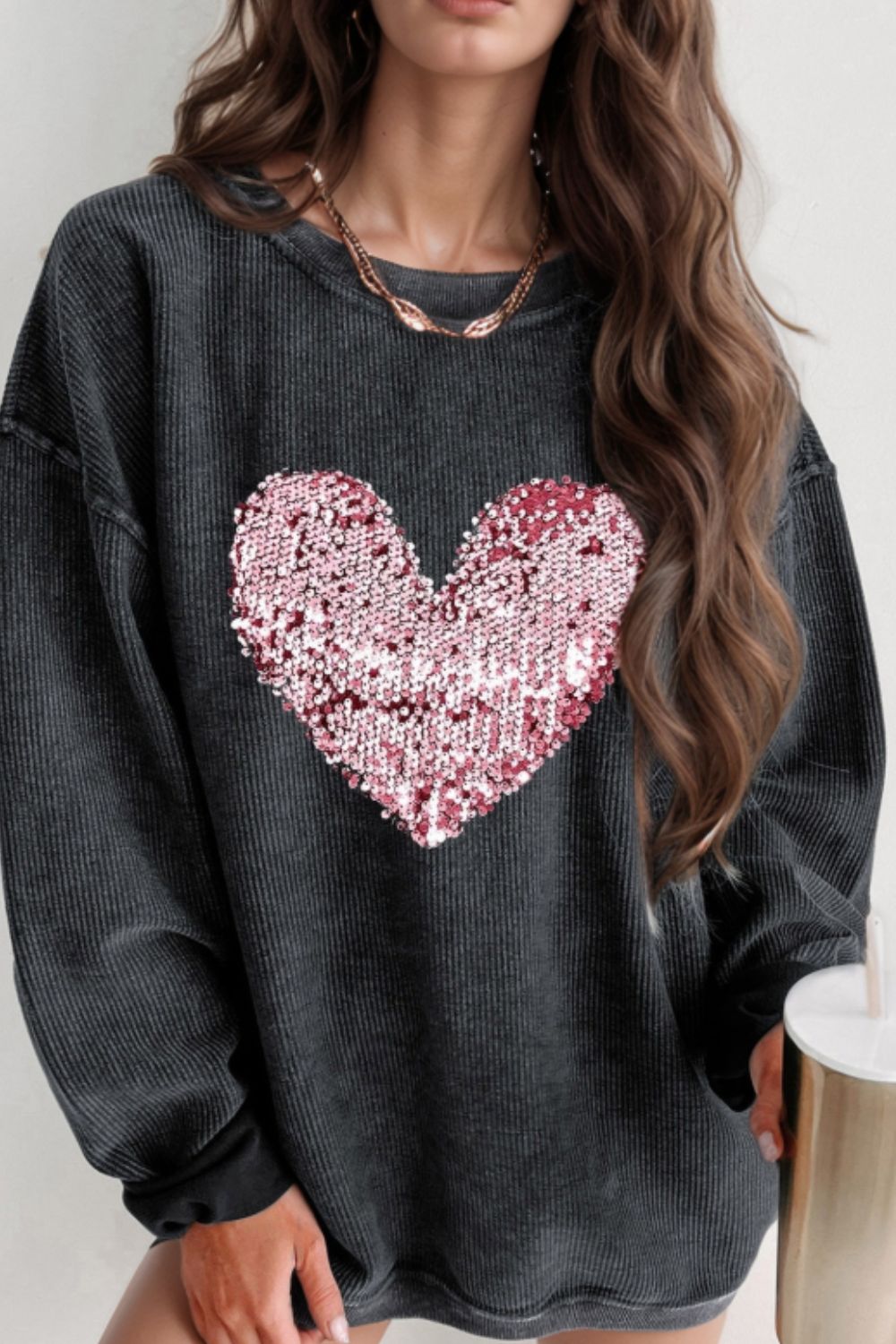 Valentine’s Day Sequin Heart Round Neck Long Sleeve Sweatshirt-TOPS / DRESSES-[Adult]-[Female]-Black-S-2022 Online Blue Zone Planet