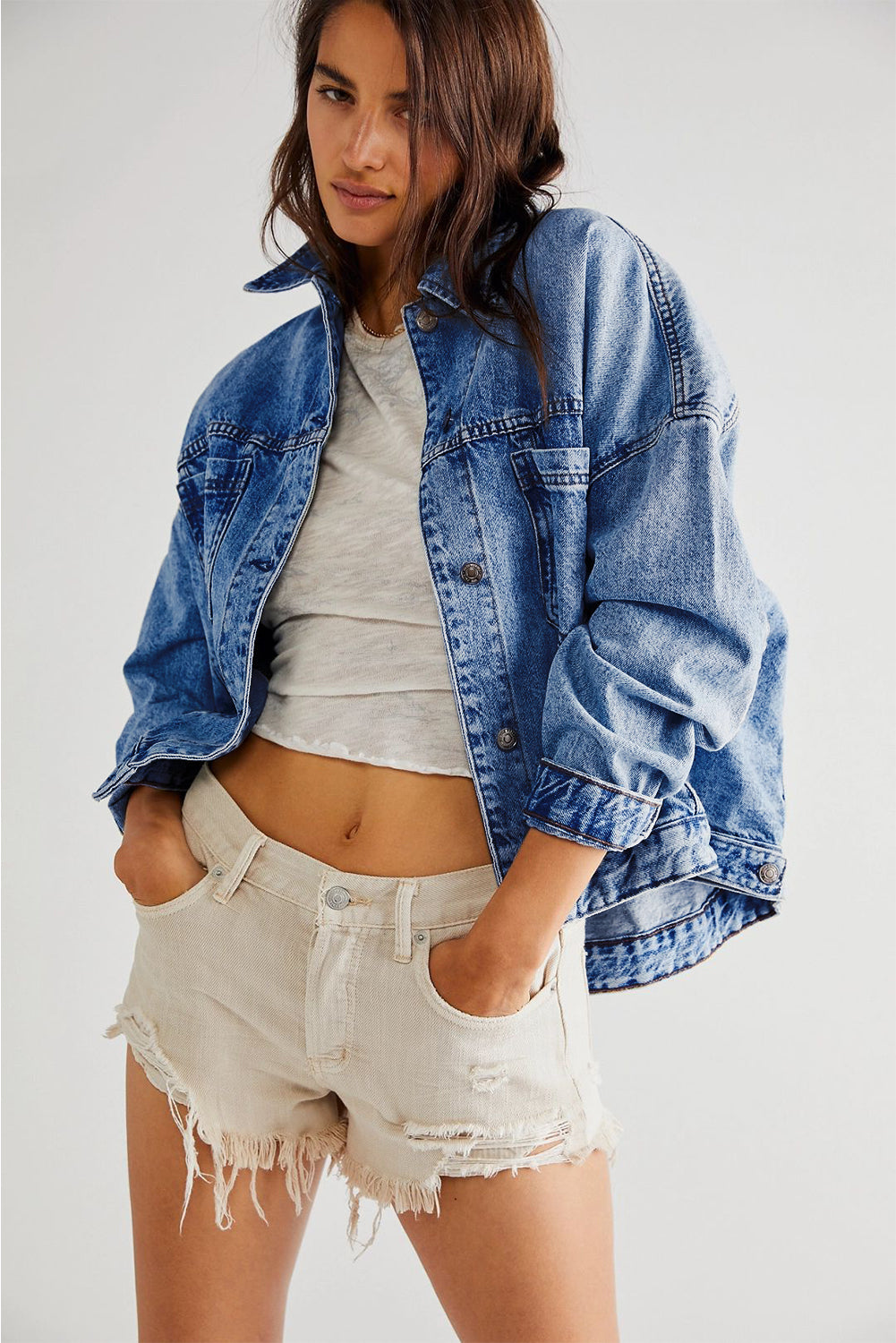 Blue Zone Planet | Sky Blue Stripe Washed Oversized Pocketed Denim Jacket-Jackets-[Adult]-[Female]-2022 Online Blue Zone Planet