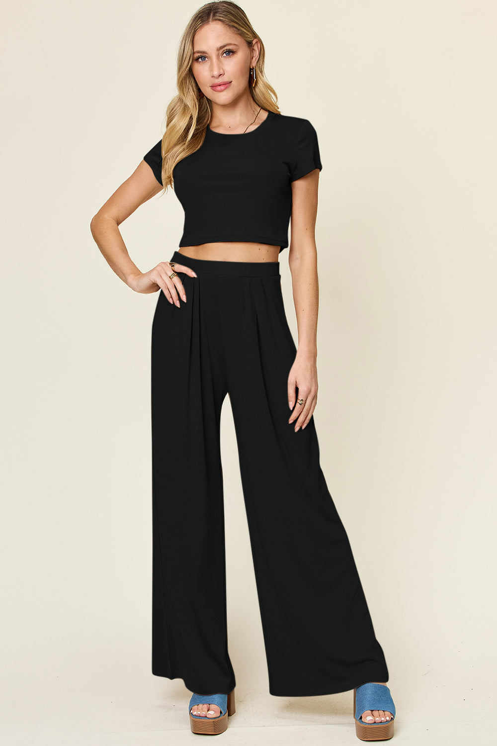 Blue Zone Planet | Double Take Full Size Round Neck Top and Pants Set-TOPS / DRESSES-[Adult]-[Female]-Black-S-2022 Online Blue Zone Planet