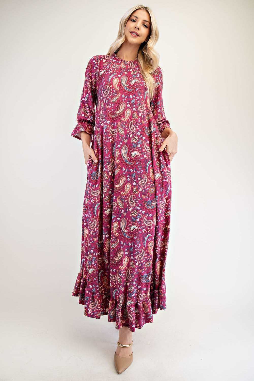 Celeste Full Size Ruffle Hem Paisley Round Neck Dress-TOPS / DRESSES-[Adult]-[Female]-Cerise-S-2022 Online Blue Zone Planet