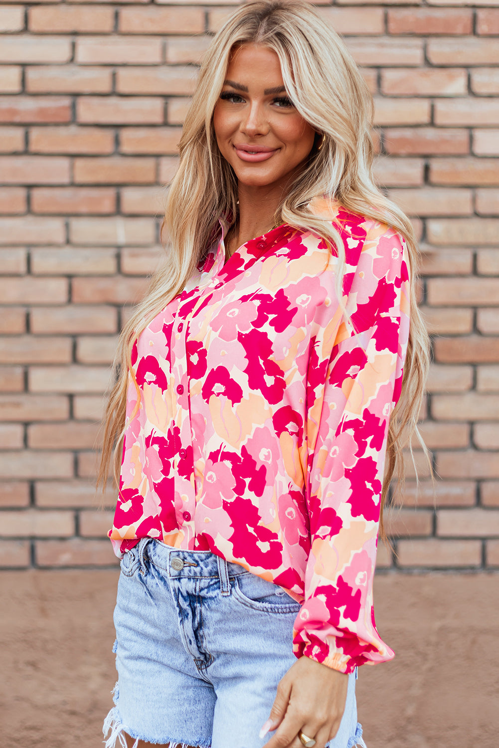 Pink Blooming Floral Print Puff Sleeve Buttoned Shirt-Tops/Blouses & Shirts-[Adult]-[Female]-2022 Online Blue Zone Planet