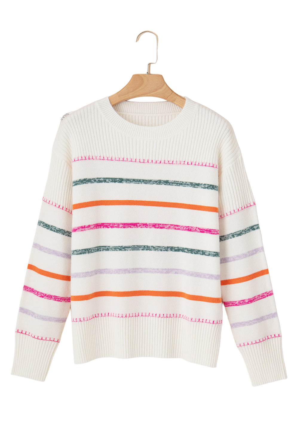 Blue Zone Planet | Black Colorful Striped Ribbed Trim Round Neck Sweater-Sweaters-[Adult]-[Female]-2022 Online Blue Zone Planet