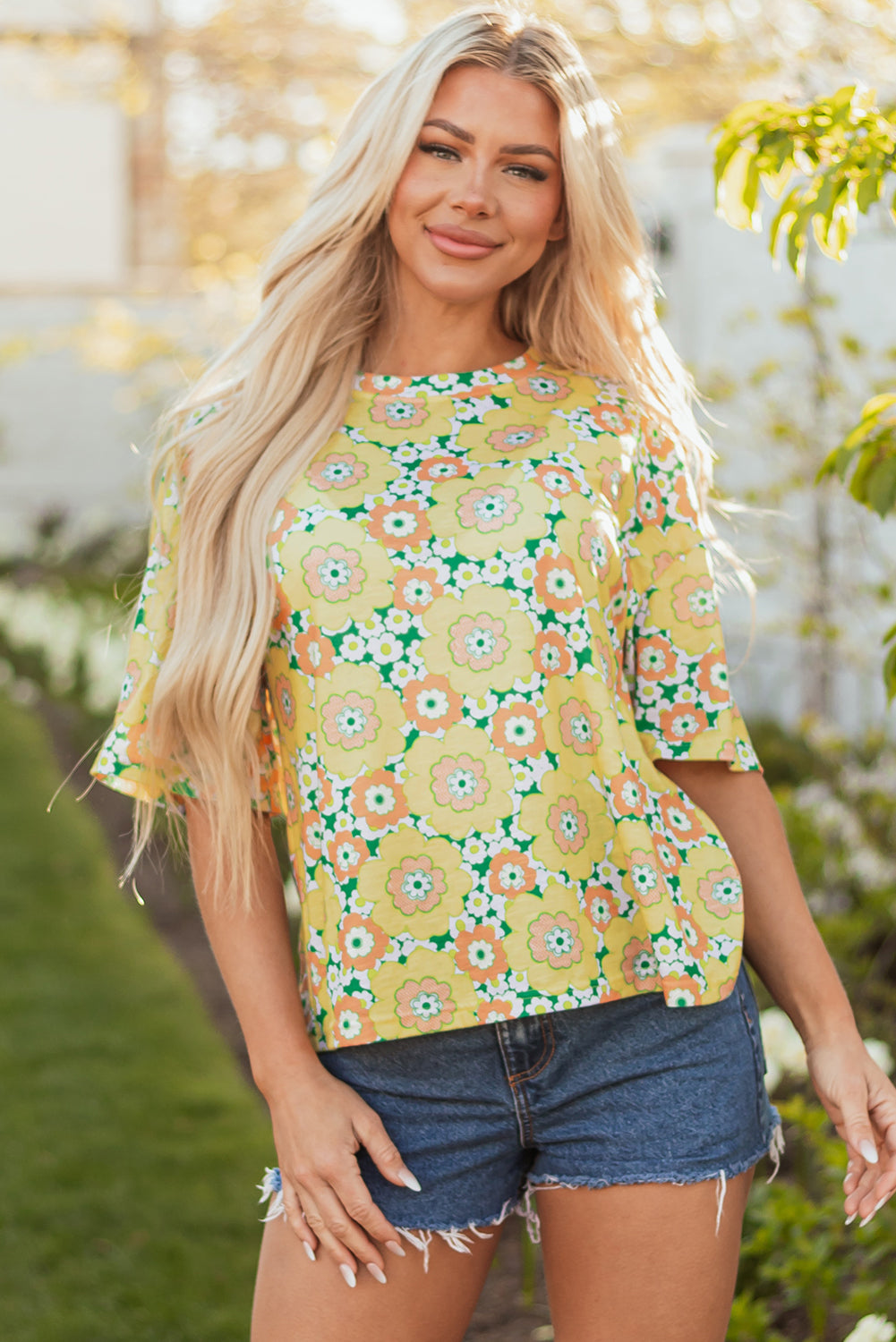 Yellow Summer Flower Printed Drop Shoulder Loose T Shirt-Tops/Tops & Tees-[Adult]-[Female]-2022 Online Blue Zone Planet