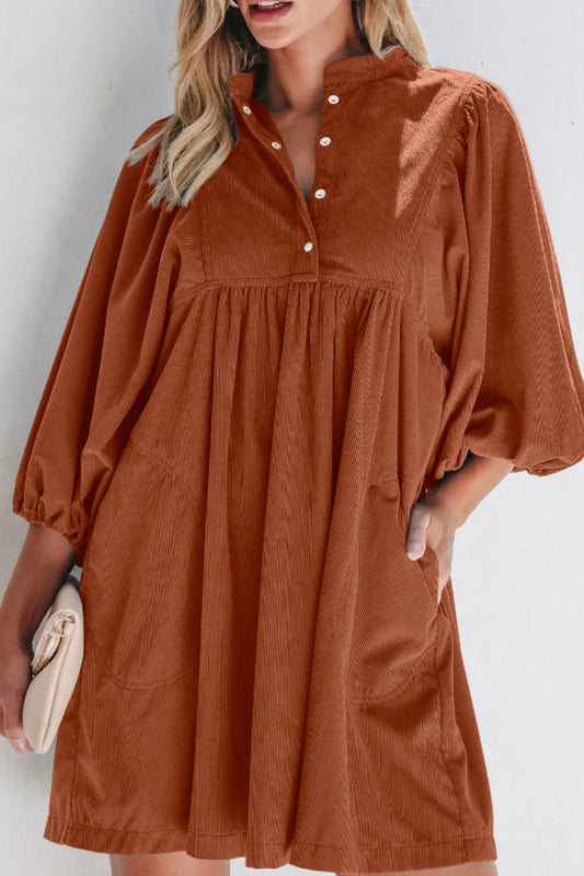 Corduroy Quarter Snap Three-Quarter Sleeve Dress-TOPS / DRESSES-[Adult]-[Female]-Brown-S-2022 Online Blue Zone Planet