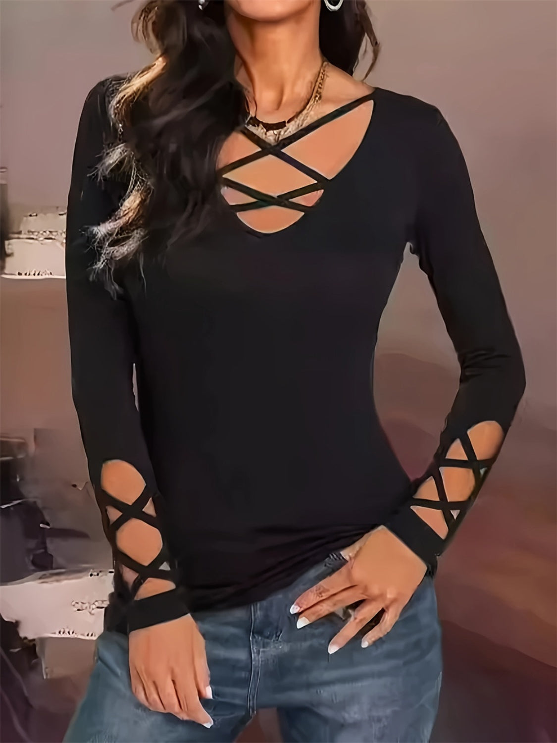 Cutout Crisscross Long Sleeve T-Shirt-TOPS / DRESSES-[Adult]-[Female]-Black-S-2022 Online Blue Zone Planet