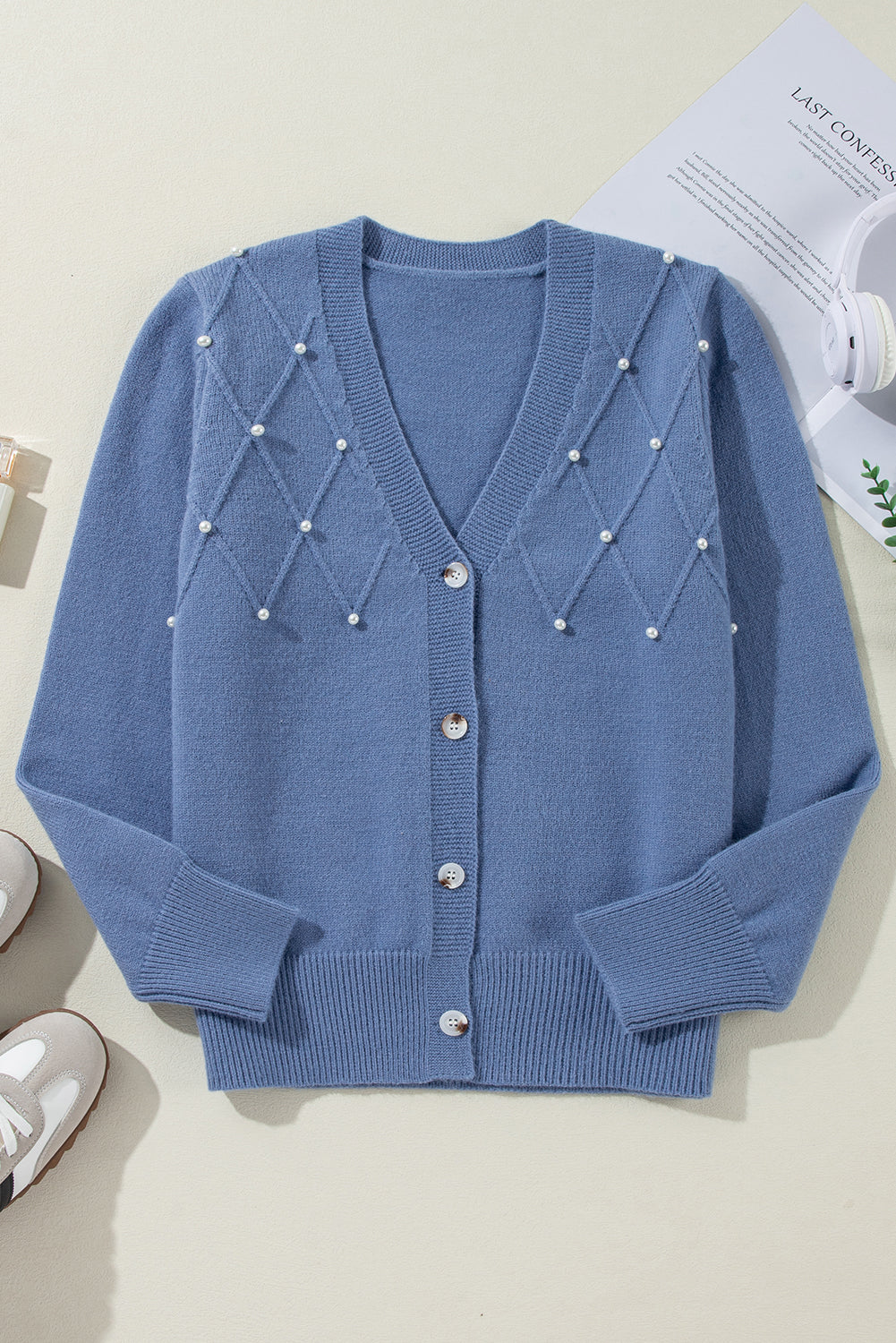 Beaded V-Neck Button Up Long Sleeve Cardigan-TOPS / DRESSES-[Adult]-[Female]-2022 Online Blue Zone Planet