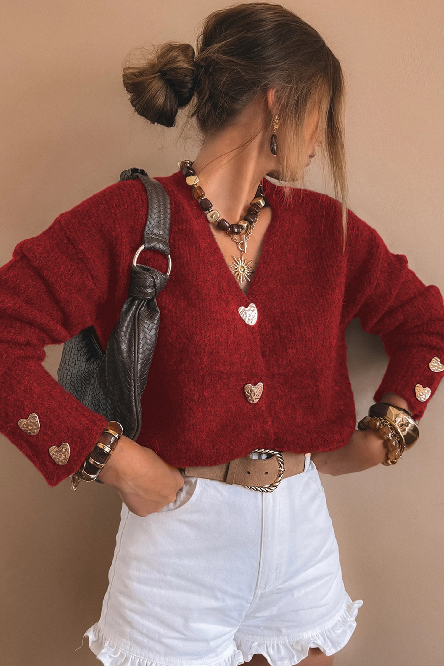 Fiery Red Heart Metal Button V Neck Cardigan Sweater-TOPS / DRESSES-[Adult]-[Female]-2022 Online Blue Zone Planet