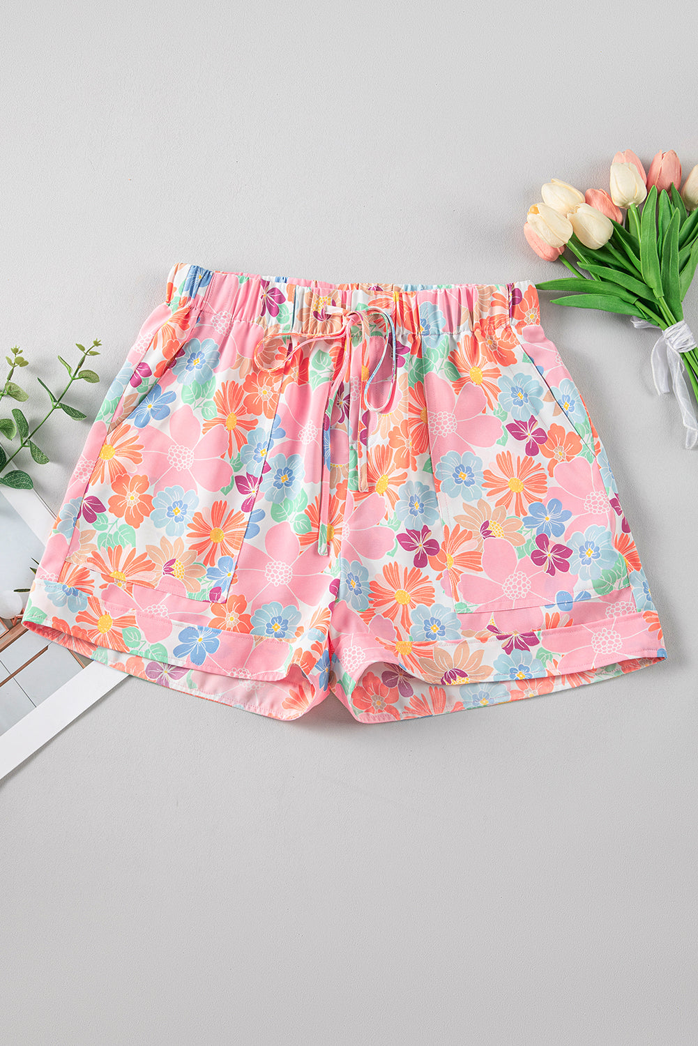 Pink Floral Print Side Pockets Drawstring Casual Shorts-Bottoms/Casual Shorts-[Adult]-[Female]-2022 Online Blue Zone Planet