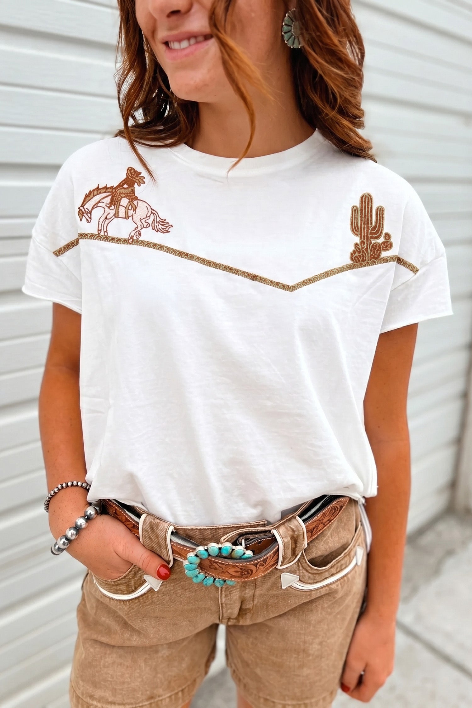 White Western Fashion Embroidered Casual Tee-Tops/Tops & Tees-[Adult]-[Female]-2022 Online Blue Zone Planet