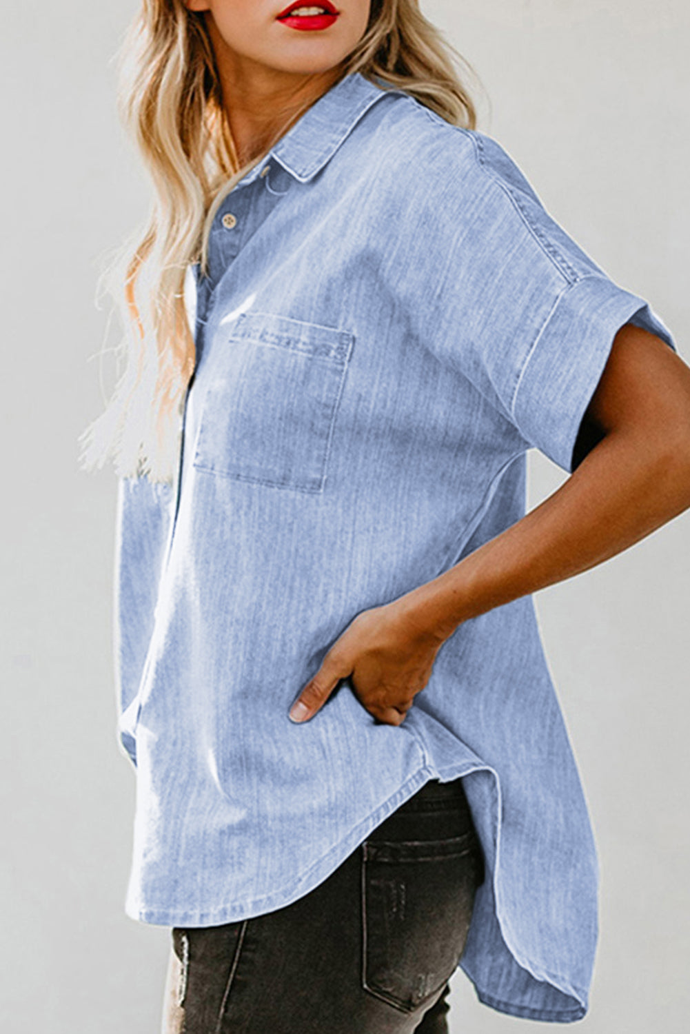 Sky Blue-3 Turn-down Collar Short Sleeve Denim Shirt-Tops/Blouses & Shirts-[Adult]-[Female]-2022 Online Blue Zone Planet