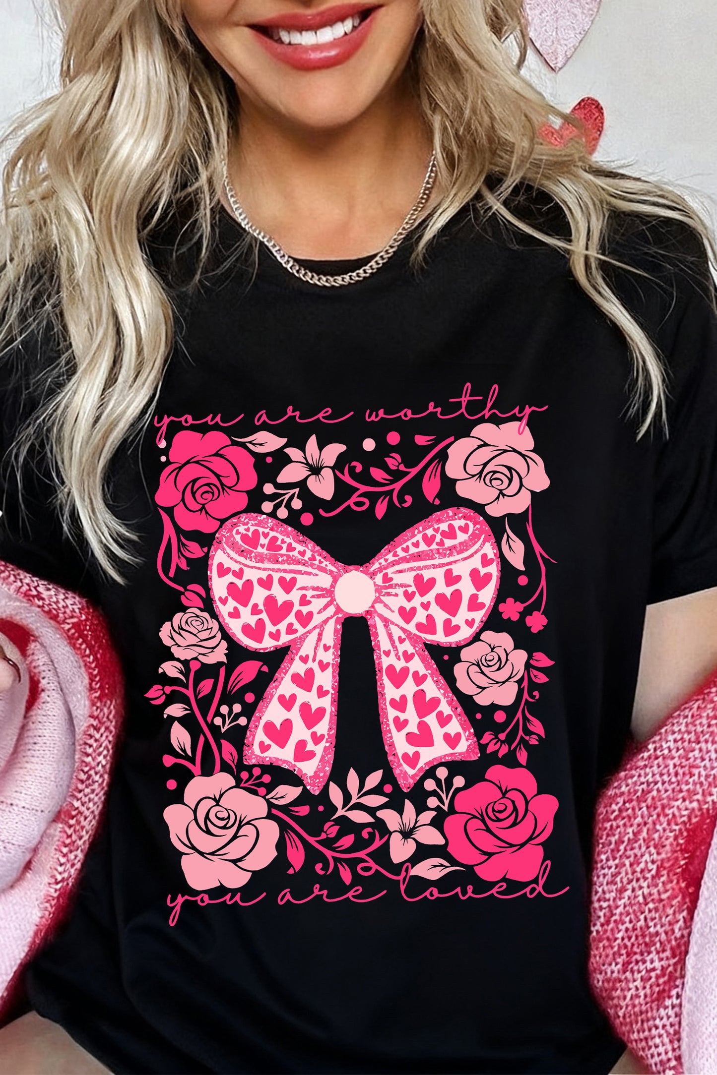 Black Valentines Day Slogan Floral And Bow Printed T Shirt-Graphic Tees-[Adult]-[Female]-Black-2XL-2022 Online Blue Zone Planet