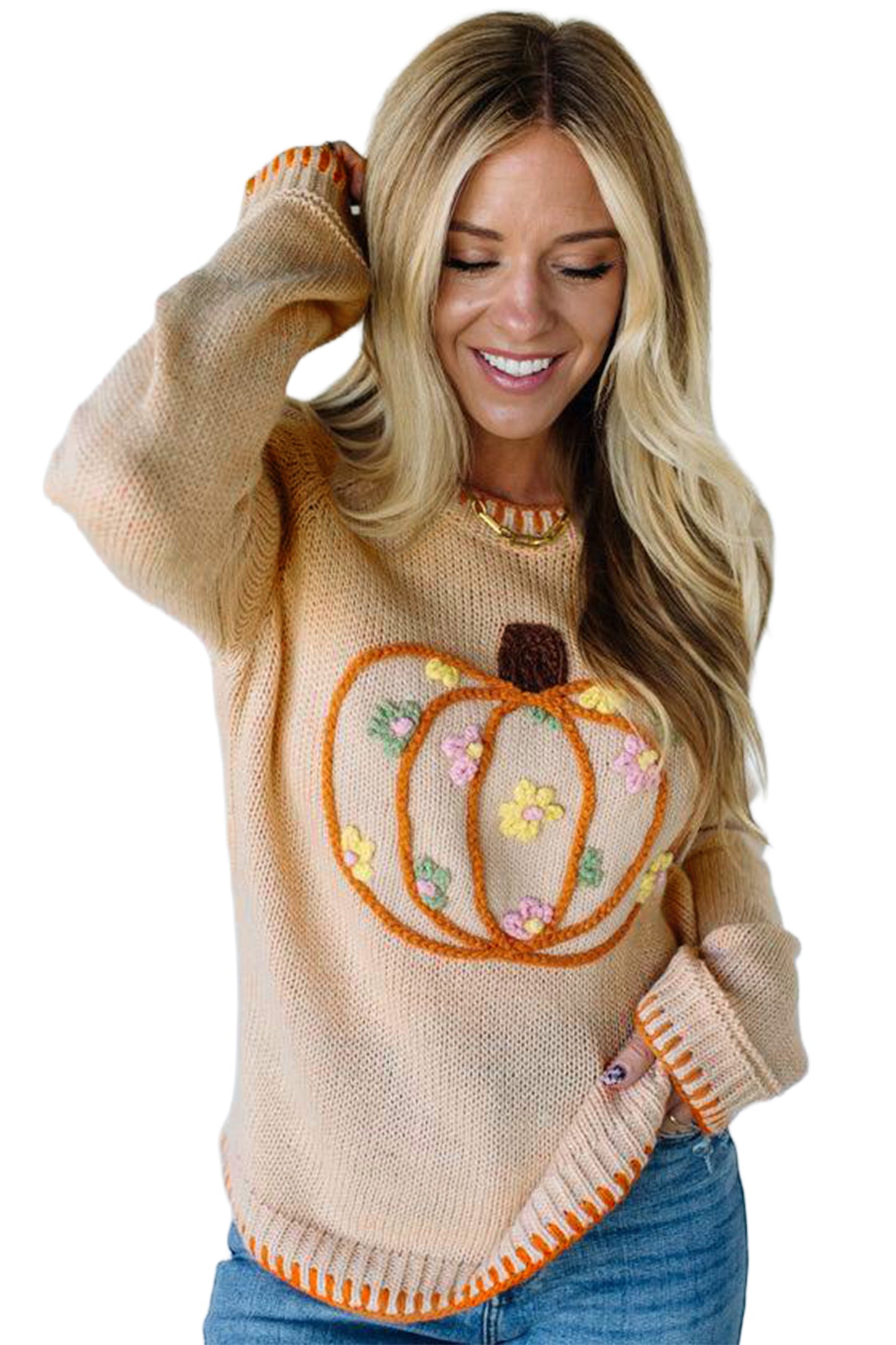 Parchment Floral Embroidery Pumpkin Long Sleeve Round Neck Sweater-Sweaters & Cardigans/Sweaters-[Adult]-[Female]-2022 Online Blue Zone Planet