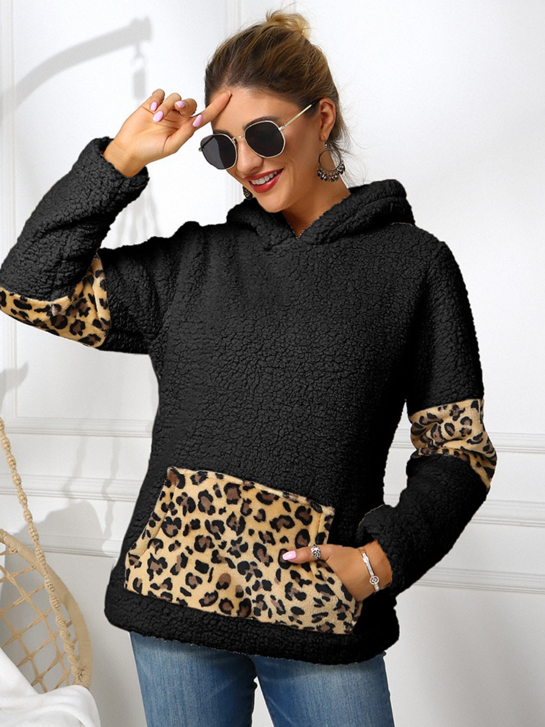 Blue Zone Planet | Ivy Lane Sherpa Leopard Long Sleeve Hoodie-TOPS / DRESSES-[Adult]-[Female]-2022 Online Blue Zone Planet