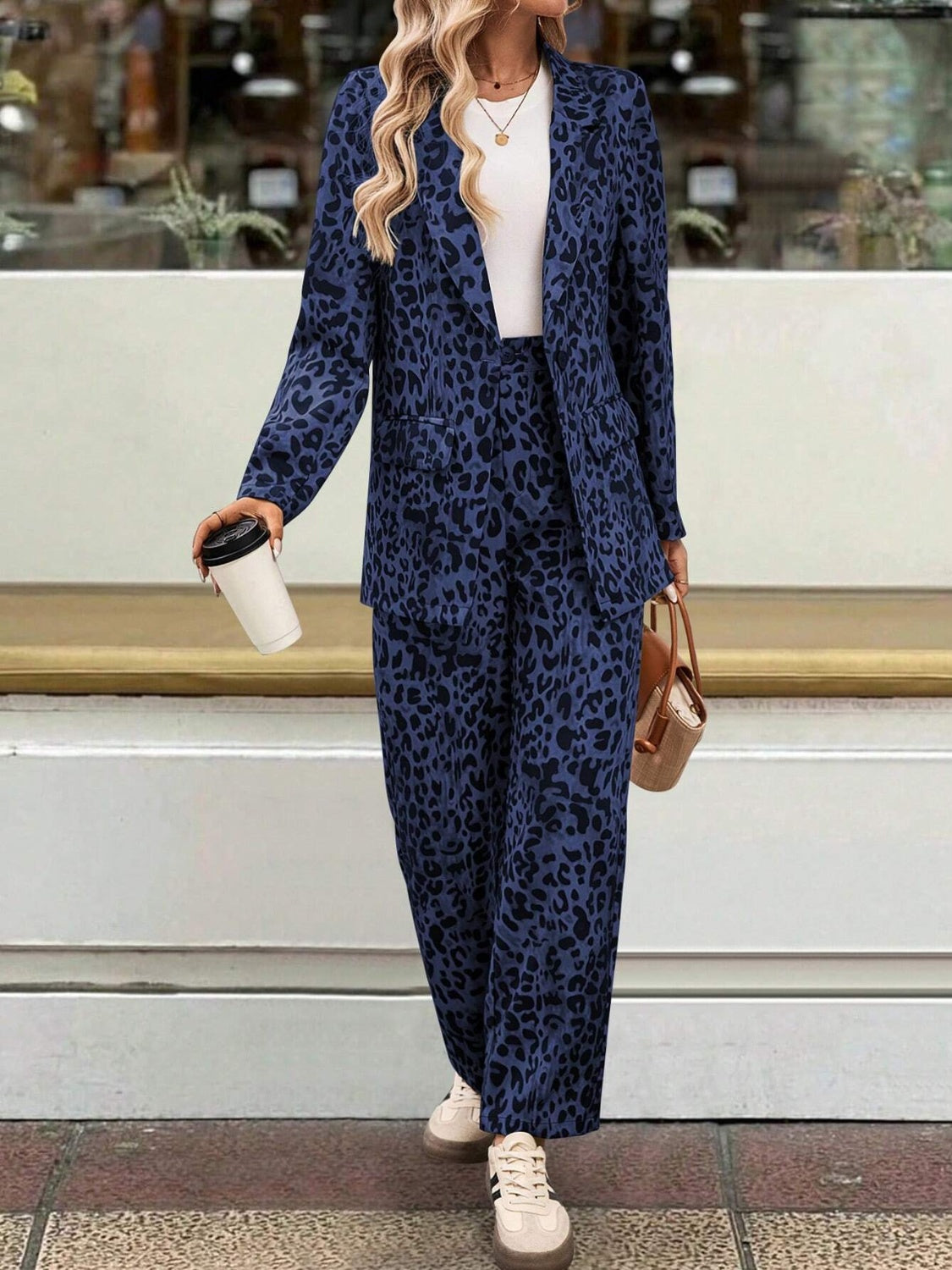 Full Size Leopard Lapel Collar Long Sleeve Blazer and Pants Set-TOPS / DRESSES-[Adult]-[Female]-2022 Online Blue Zone Planet