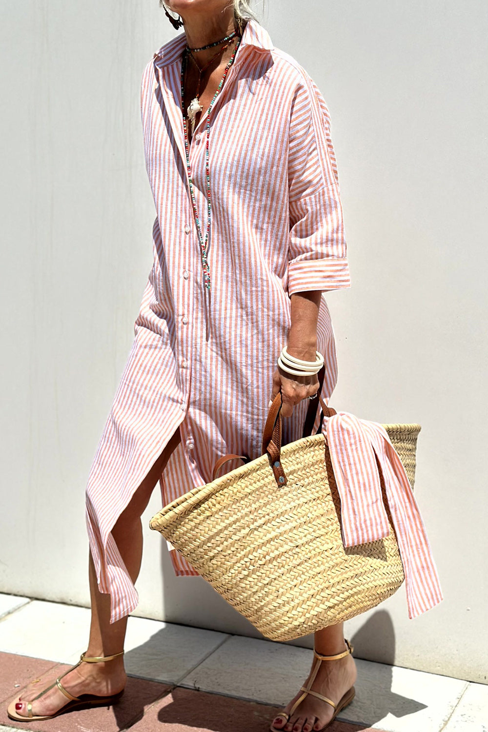 Tied Button Up Three-Quarter Sleeve Dress-TOPS / DRESSES-[Adult]-[Female]-Blush Pink-S-2022 Online Blue Zone Planet