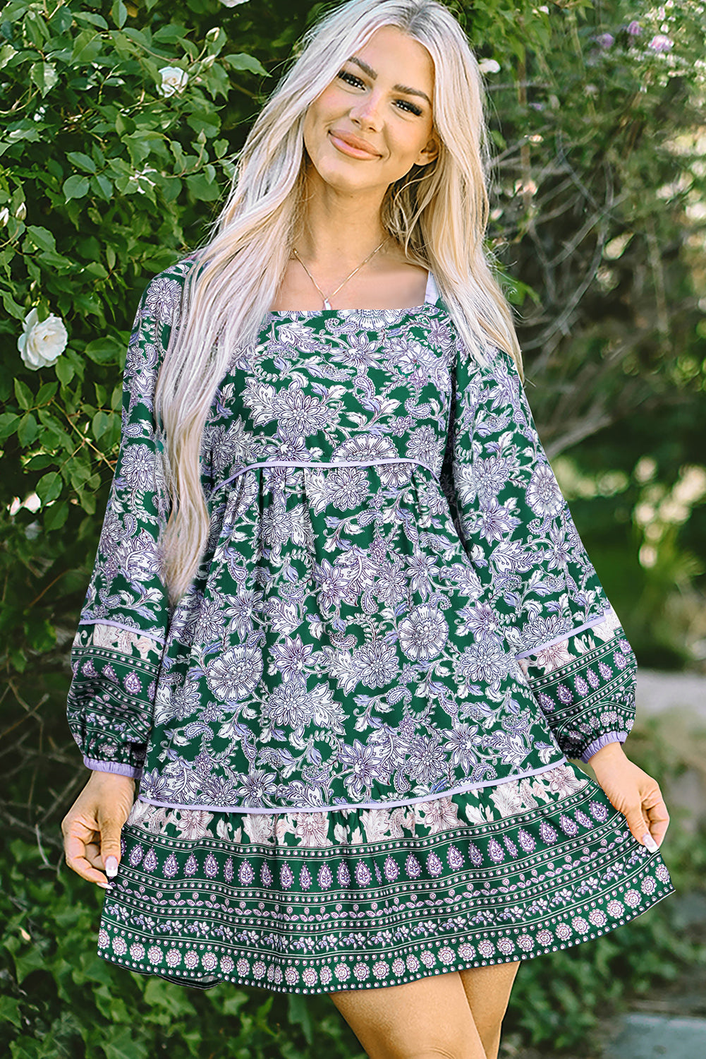 Green Floral Print Piping Trim Bubble Sleeve Bohemian Dress-Short Dresses-[Adult]-[Female]-2022 Online Blue Zone Planet