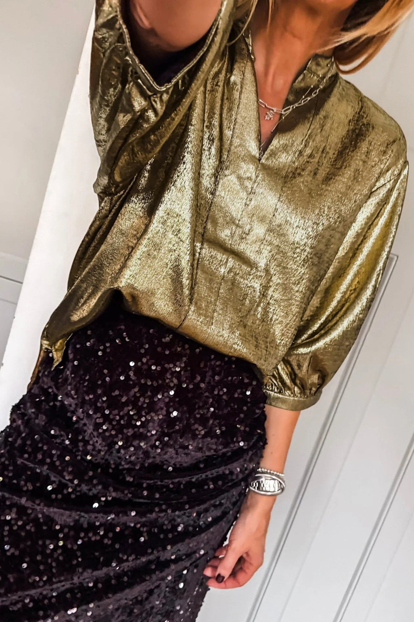 Gold Metallic Split Neck Half Sleeve Blouse-Tops/Blouses & Shirts-[Adult]-[Female]-2022 Online Blue Zone Planet