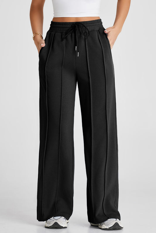Black Seamed Drawstring High Waist Wide Leg Sweatpants-Bottoms/Pants & Culotte-[Adult]-[Female]-Black-S-2022 Online Blue Zone Planet