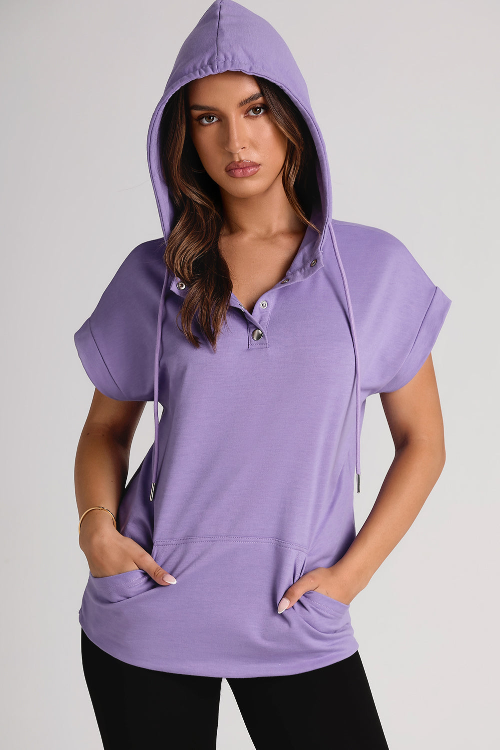 Drawstring Quarter Snap Cap Sleeve Hoodie-TOPS / DRESSES-[Adult]-[Female]-2022 Online Blue Zone Planet