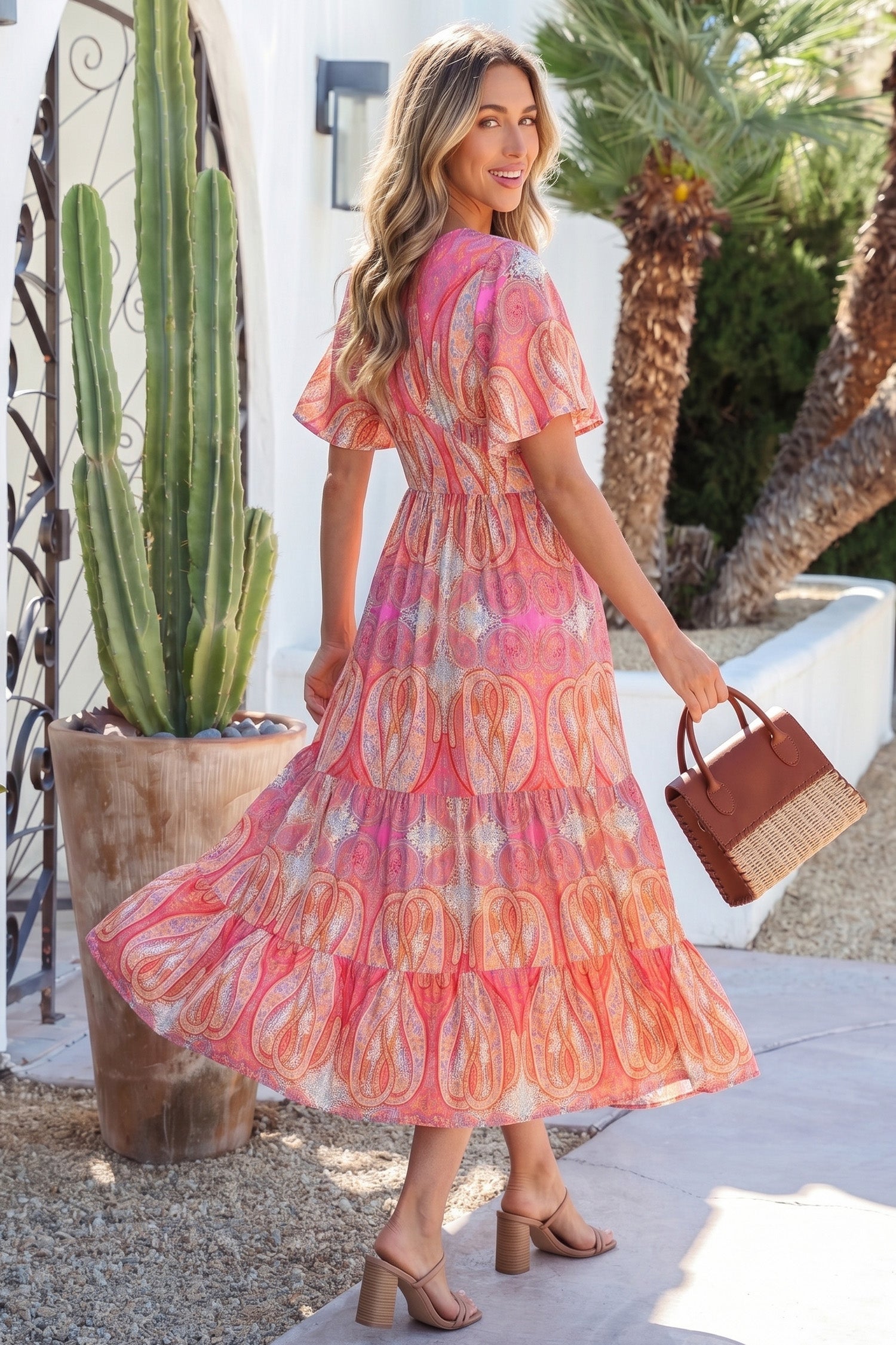Multicolour Paisley Print V-Neck Short Sleeve Boho Maxi Dress with Ruffle Details-Dresses/Floral Dresses-[Adult]-[Female]-2022 Online Blue Zone Planet
