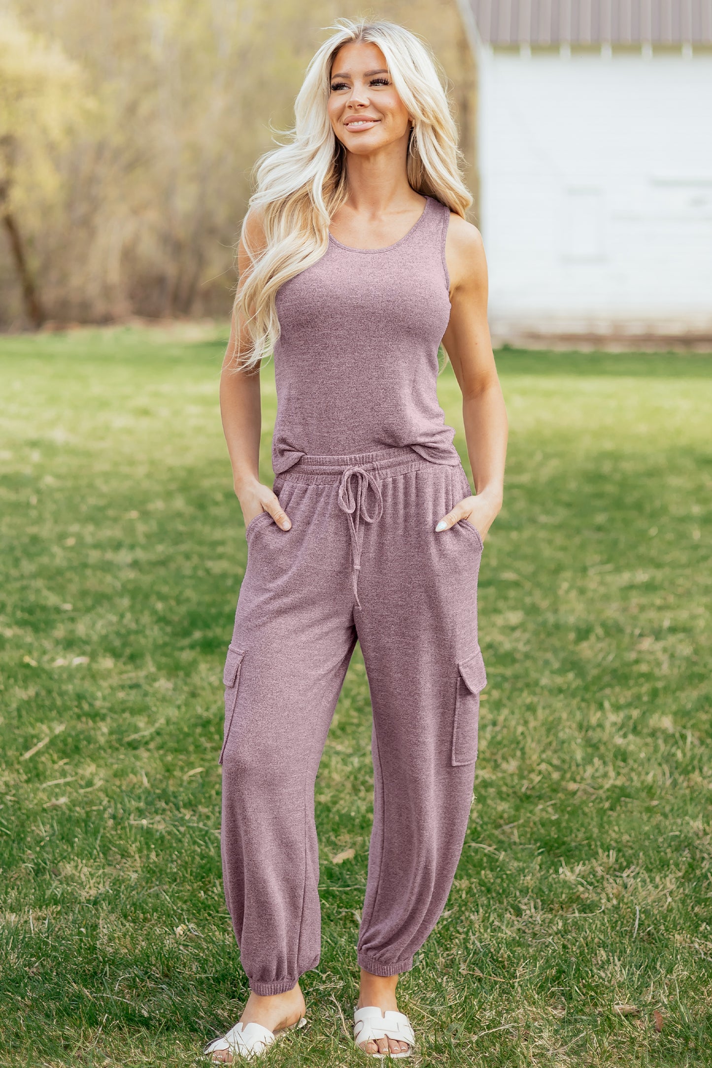 Orchid Bouquet Casual Tank Top Drawstring Jogger Pants 2pcs Outfit-Two Piece Sets/Pant Sets-[Adult]-[Female]-2022 Online Blue Zone Planet